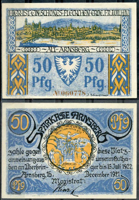 Германия, Арнсберг 50 пфеннигов 1921 нотгельд, 15.7.1922 Li. 41a, M. 42.1 бумага UNC (пресс) 00-00