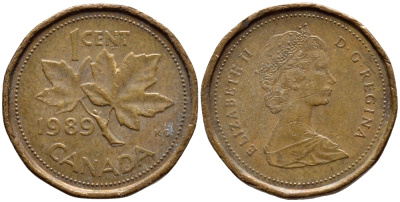 Канада 1 цент 1989 Елизавета II (1952-2022), кленовый лист KM 132 бронза 4396-436