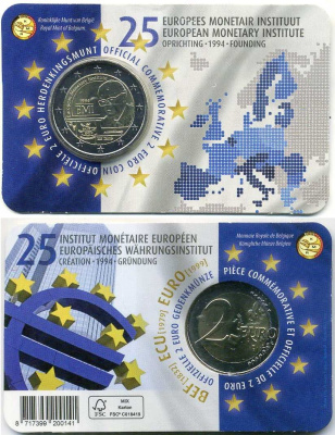 Бельгия 2 евро 2019 25 лет Европейскому валютному институту (EMI), в оригинальном блистере KM 386 биметалл BU 5-6-3-08