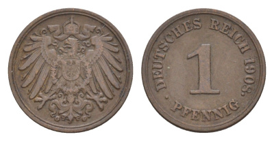 Германия 1 пфенниг 1908 G, Вильгельм II (1888-1918) KM 10, J. 10 медь 4639-1135