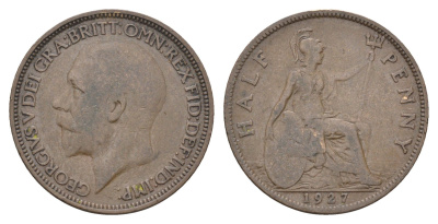 Великобритания 1/2 пенни 1927 Георг V (1910-1936) KM 824, Spink 4057 бронза    4660-546