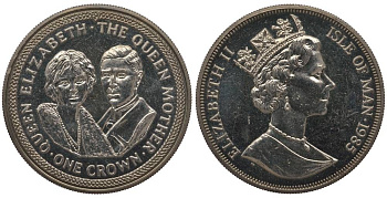 Остров Мэн 1 крона 1985 королева Елизавета (королева-мать), Елизавета и Георг V KM 217 медно-никель UNC 1078-1-34