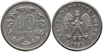 ПОЛЬША 10 ГРОШЕЙ 1992 MW KM 279 медно-никель 201-438