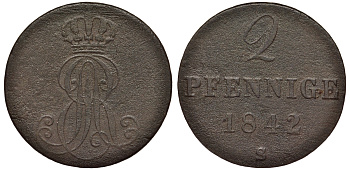 Ганновер 2 пфеннига 1842 S, Эрнст Август (1837-1851) KM 174.2, AKS 123, J. 55 медь 75-1732
