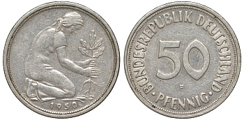 ФРГ 50 пфеннигов 1950 F KM 109, J. 384 медно-никель 4132-635