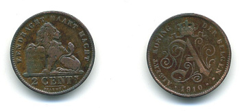 БЕЛЬГИЯ 2 САНТИМА 1910 BELGEN KM 65 медь 84-221