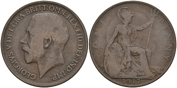 Великобритания 1 пенни 1917 Георг V (1910-1936) KM 810, Spink 4051 бронза 4144-816