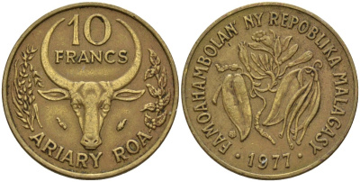 Мадагаскар 10 франков 1977 KM 11 алюминиевая бронза 4141-616
