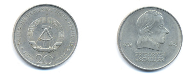 ГДР 20 марок 1972 А, Фридрих Шиллер (1759-1805) KM 40 медно-никель 3333-741