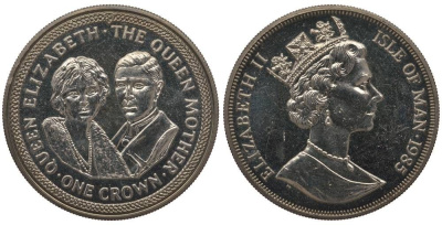 Остров Мэн 1 крона 1985 королева Елизавета (королева-мать), Елизавета и Георг V KM 217 медно-никель UNC 1078-1-34