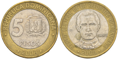 Доминиканская республика 5 песо 2008 Санчес KM 89 биметалл 4541-1127
