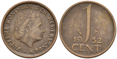 Нидерланды 1 цент 1952 Юлиана (1948-1980) КМ 180 бронза    4174-543