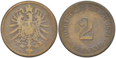ГЕРМАНИЯ 2 ПФЕННИГА 1874 С, СТАРОГЕРБОВКА KM 2, J. 2, Weege 3 медь 212-454
