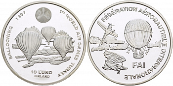 Финляндия 10 евро 1997 FIO, Международная федерация аэронавтики, первые воздушные игры серебро PROOF 11-162-12