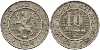 БЕЛЬГИЯ 10 САНТИМОВ 1862 BELGES KM 22 медно-никель 28-236