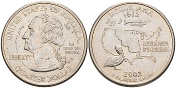 США 25 центов = квотер 2002 D, серия штаты США, Луизиана KM 333 медь плакированный медно-никелем 4114-145