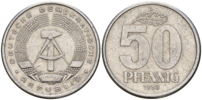 ГДР 50 пфеннигов 1958 A KM 12.1 алюминий 113-222