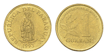 Парагвай 1 гуарани 1993 год-тип KM 192 сталь плакированная латунью UNC 4668-1012