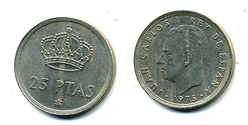 Испания 25 песет 1975 (77) Хуан Карлос I (1975-2014) KM 808 медно-никель 36-1214