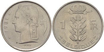 БЕЛЬГИЯ 1 ФРАНК 1951 BELGIQUE KM 142.1 медно-никель UNC 28-245