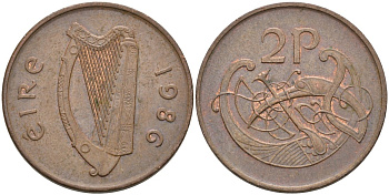Ирландия 2 пенса 1986 виньетка в виде стилизованной птицы из второй библии Карла II Лысого KM 21 бронза 4561-1224