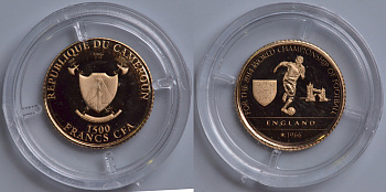 КАМЕРУН 1500 ФРАНКОВ 2014 ЧЕМПИОНАТ МИРА ПО ФУТБОЛУ - 2014, ВЕЛИКОБРИТАНИЯ - ГОДЫ ЧЕМПИОНСТВА, ИГРОК С МЯЧОМ НА ФОНЕ ТАУЭРСКОГО МОСТА KM NEW золото PROOF 00-000-00