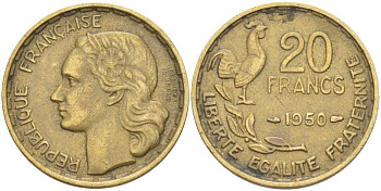 ФРАНЦИЯ 20 ФРАНКОВ 1950 ПОЛНАЯ ПОДПИСЬ, 3 ПЕРА KM 916.1, LE FRANC 401.1 алюминиевая бронза 175-642