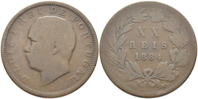 ПОРТУГАЛИЯ 20 РЕЙСОВ 1884 ЛУИШ (ЛЮДОВИК) I (1861-1889) KM 527 бронза 109-1043