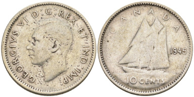 Канада 10 центов 1945 Георг VI (1937-1952), парусник KM 34 серебро 4585-727