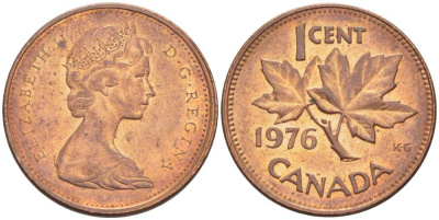 Канада 1 цент 1976 Елизавета II (1952-2022), кленовый лист KM 59.1 бронза 54-727