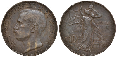 Италия 10 чентезимо 1911 50 лет Королевству Италия (1861-1911) KM 51 медь 4512-941