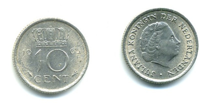 Нидерланды 10 центов 1965 Юлиана (1949-1980) KM 182 никель 76-338