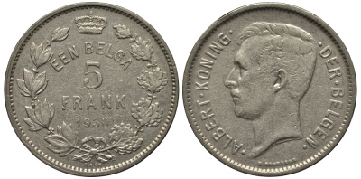 БЕЛЬГИЯ 5 ФРАНКОВ 1930 BELGEN KM 98 никель 443-731