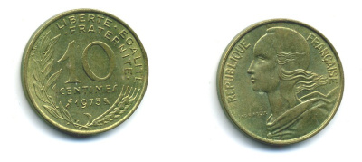 ФРАНЦИЯ 10 САНТИМОВ 1973 ТИП MARIANNE KM 929 медь алюминий никель 84-1619