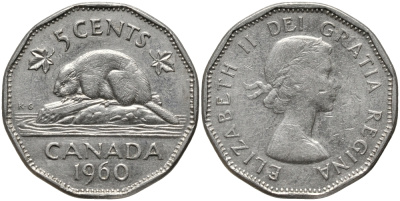 КАНАДА 5 ЦЕНТОВ 1960 ЕЛИЗАВЕТА II, БОБЕР KM 50а никель 4388-622