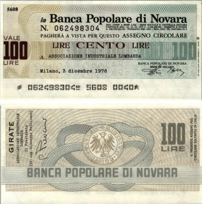 Италия 100 лир 1976 3 декабря 1976, La Banca popoLare Di Novara бумага UNC (пресс) 7221-68-3-1