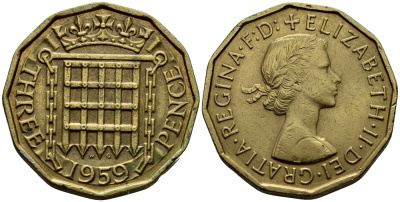 Великобритания 3 пенса 1959 Елизавета II (1952-2022) KM 900, Spink 4153 никель латунь 37-815