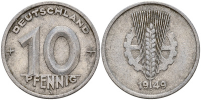 ГДР 10 пфеннигов 1949 A KM 3 алюминий 24-632