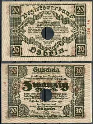 Германия, Дёбельн 20 марок 1918 нотгельд, 8.11.1918, цифры красные Geiger 105.02  бумага  UNC (пресс) 444-128-2-2