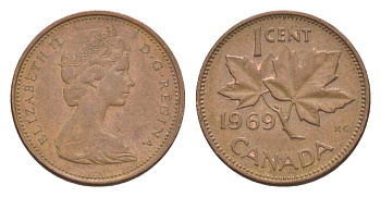 Канада 1 цент 1969 Елизавета II (1952-2022), кленовый лист KM 59 бронза 4630-547