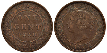 КАНАДА 1 ЦЕНТ 1859 ВИКТОРИЯ, WIDE 9 KM 1 бронза 1524-1043