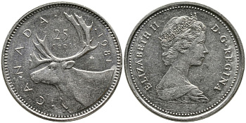 Канада 25 центов 1981 Елизавета II (1952-2022), олень KM 74 никель 4543-745