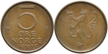 Норвегия 5 эре 1975 Улаф V (1958-1991) KM 415 бронза 259-745
