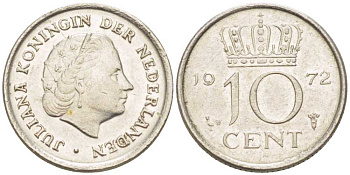 Нидерланды 10 центов 1972 Юлиана (1948-1980) KM 182 никель 214-1258