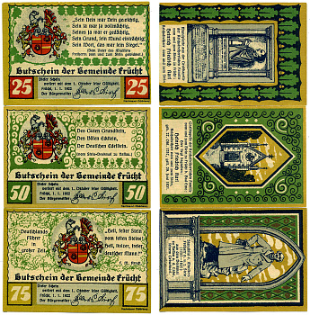 FRUCHT bei EMS НАБОР ИЗ 3 БАНКНОТ 1922 1 ЯНВАРЯ 1922-1 ОКТЯБРЯ 1922, НОТГЕЛЬД (25,50, 75 ПФЕННИГОВ), ОЛИВКОВО-ЗЕЛЁНЫЙ, ПОЛНЫЙ КОМПЛЕКТ Grabowski 399.2 бумага 2193-5-2-2