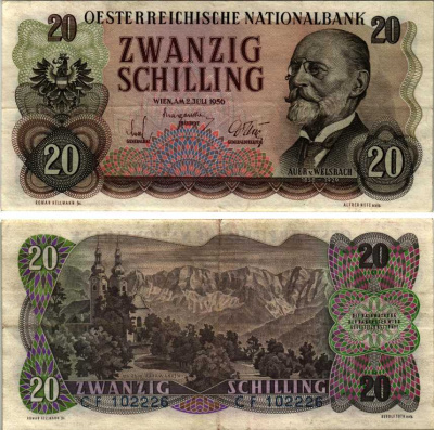 АВСТРИЯ 20 ШИЛЛИНГОВ 1956 2 ИЮЛЯ 1956, КАРЛ ВЕЛСБАХ, ДЕРЕВНЯ МАРИЯ РЕЙН Pick 136а бумага VF-XF 7214-46-2-1