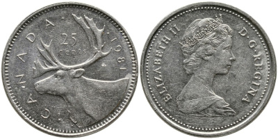 Канада 25 центов 1981 Елизавета II (1952-2022), олень KM 74 никель 4543-745