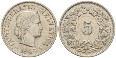 ШВЕЙЦАРИЯ 5 РАППЕНОВ 1945 В KM 26 медно-никель 206-158