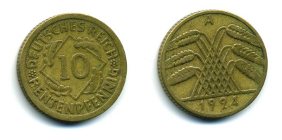 Германия 10 рентенпфеннигов 1924 A J. 309, KM 33 алюминиевая бронза 54-526