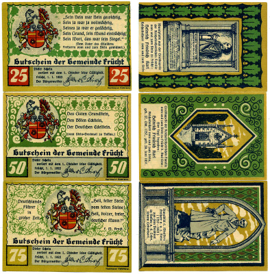 FRUCHT bei EMS НАБОР ИЗ 3 БАНКНОТ 1922 1 ЯНВАРЯ 1922-1 ОКТЯБРЯ 1922, НОТГЕЛЬД (25,50, 75 ПФЕННИГОВ), ОЛИВКОВО-ЗЕЛЁНЫЙ, ПОЛНЫЙ КОМПЛЕКТ Grabowski 399.2 бумага 2193-5-2-2
